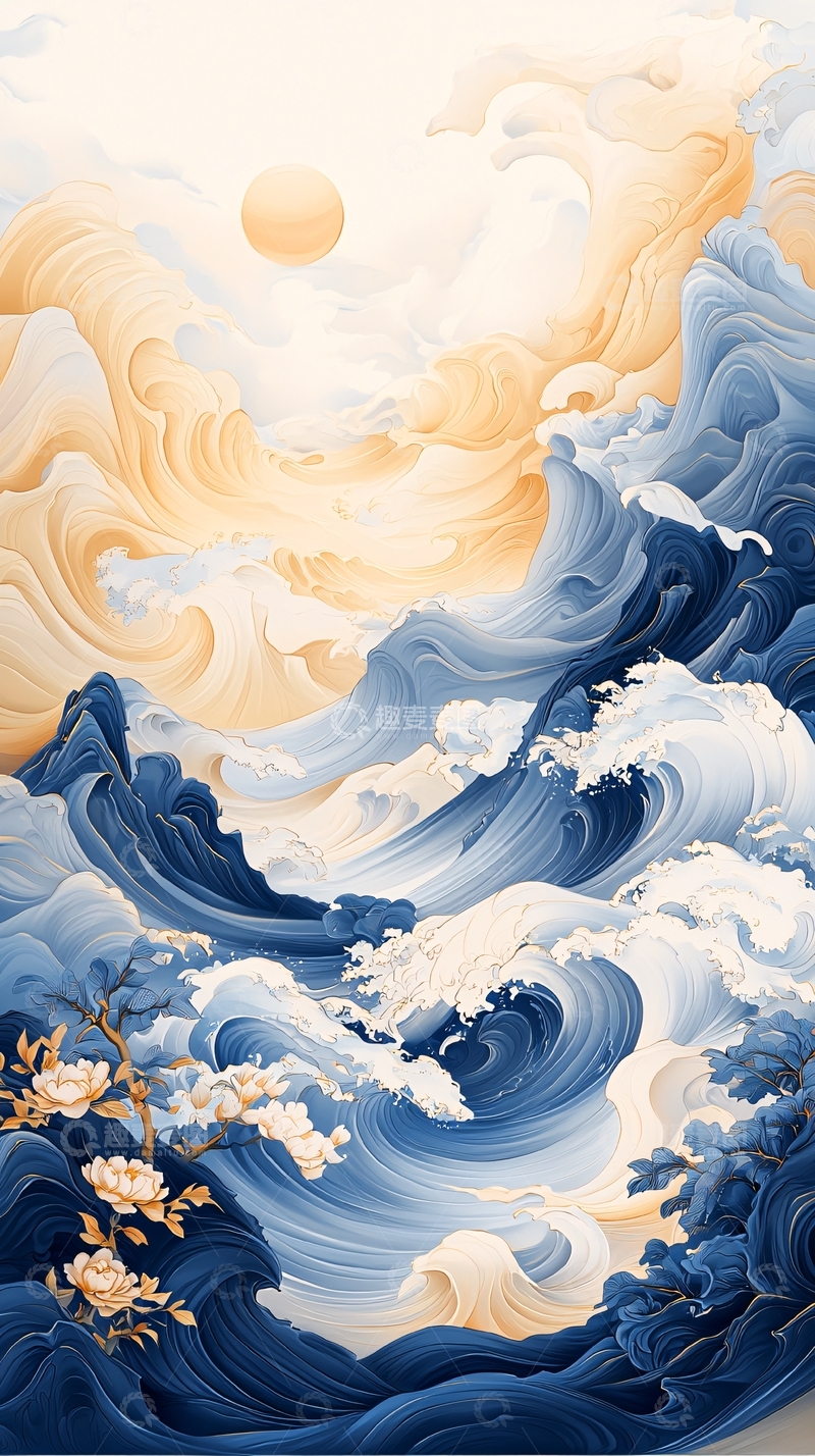 高清大图下载【趣麦麦图】波涛汹涌的海浪与夕阳