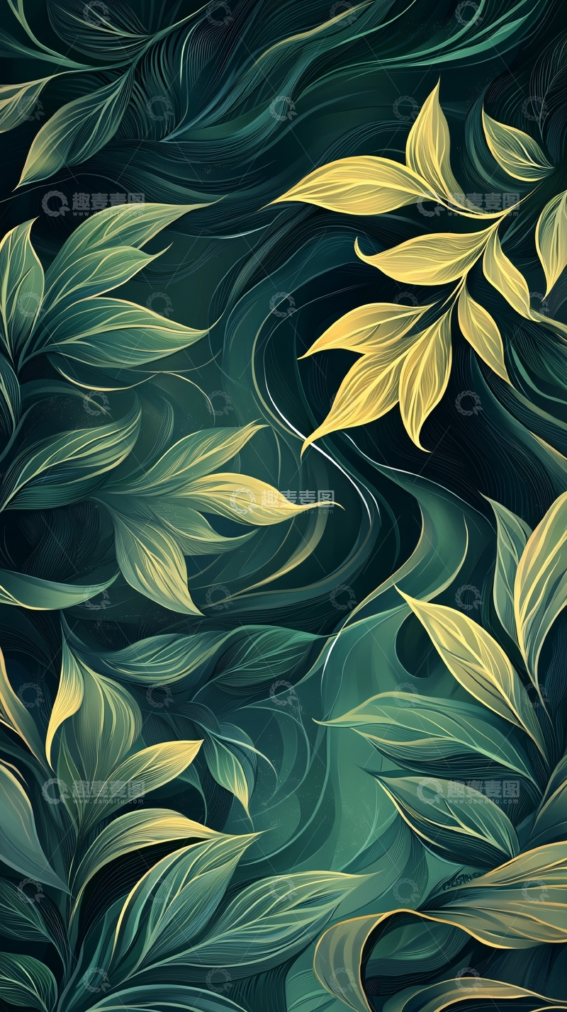 高清大图下载【趣麦麦图】深绿色背景下的金色叶子图案