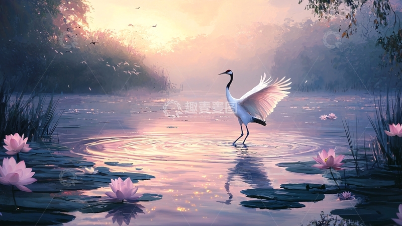 高清大图下载【趣麦麦图】晨曦中的白鹤与荷花