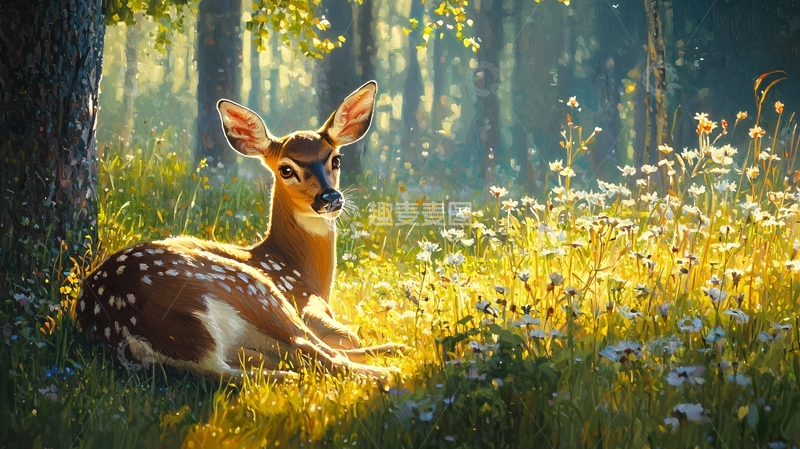 高清大图下载【趣麦麦图】森林中的小鹿与野花