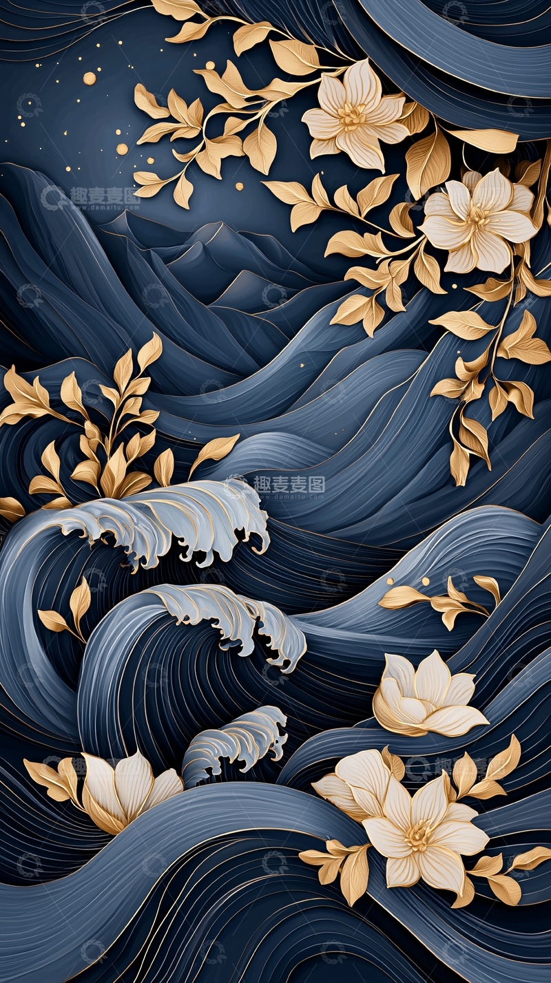 高清大图下载【趣麦麦图】金色花卉与蓝色波浪的艺术插画