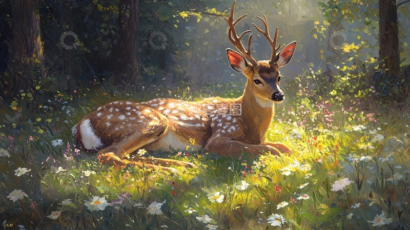 高清大图下载【趣麦麦图】森林中的鹿与野花