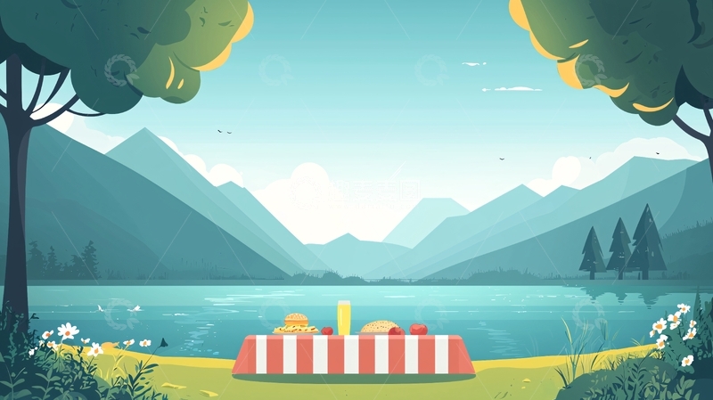 高清大图下载【趣麦麦图】夏日湖边的野餐场景
