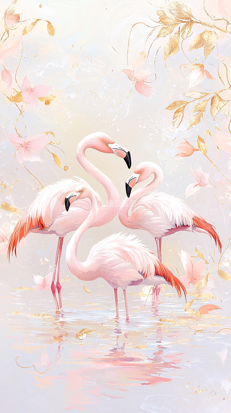高清大图下载【趣麦麦图】粉色火烈鸟与金色花卉背景