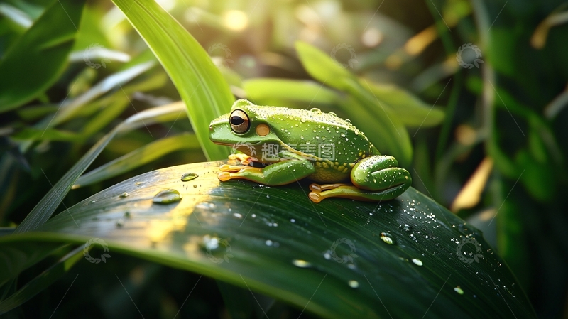 高清大图下载【趣麦麦图】雨后绿叶上的青蛙