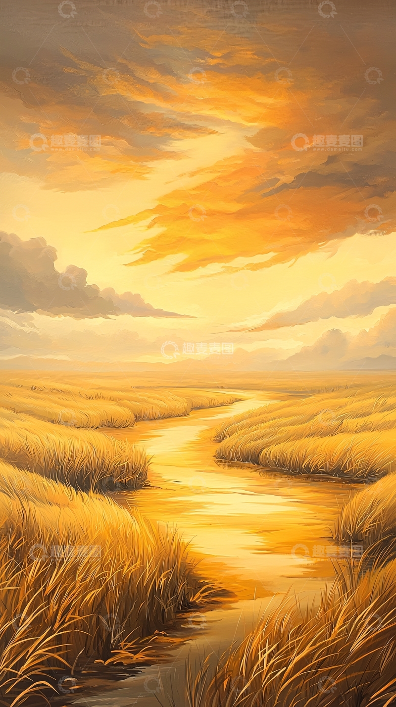 高清大图下载【趣麦麦图】金色麦田夕阳下的小溪