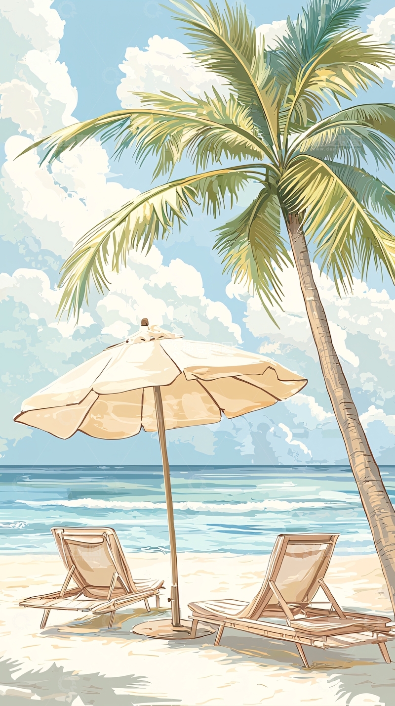高清大图下载【趣麦麦图】海滩躺椅和棕榈树
