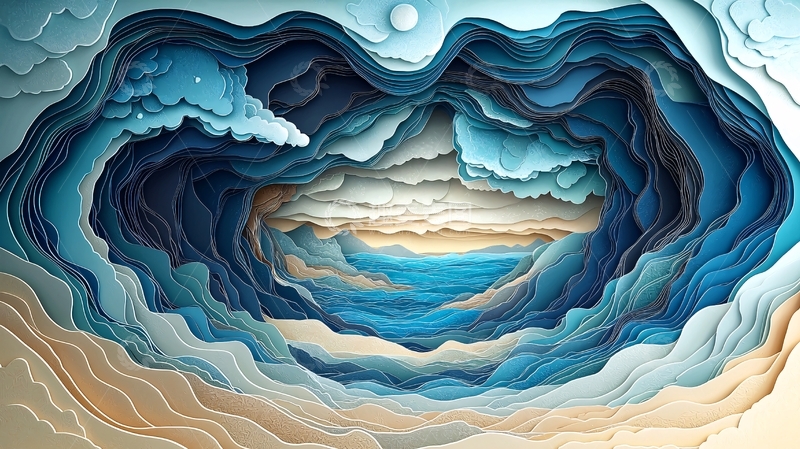 高清大图下载【趣麦麦图】剪纸艺术的层叠海岸与浪花