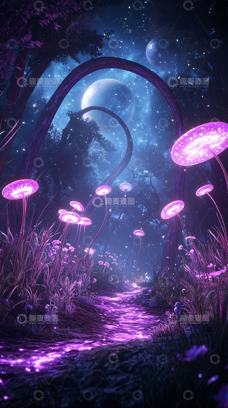 高清大图下载【趣麦麦图】梦幻森林中的发光蘑菇