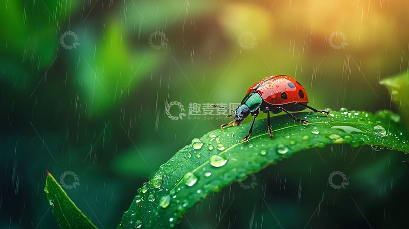 高清大图下载【趣麦麦图】雨中瓢虫在绿叶上