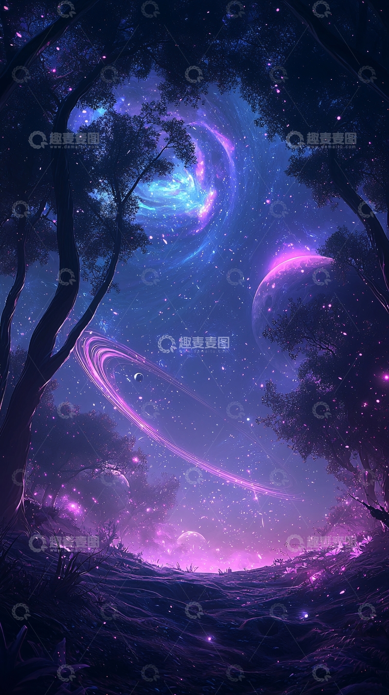 高清大图下载【趣麦麦图】梦幻星空下的神秘森林