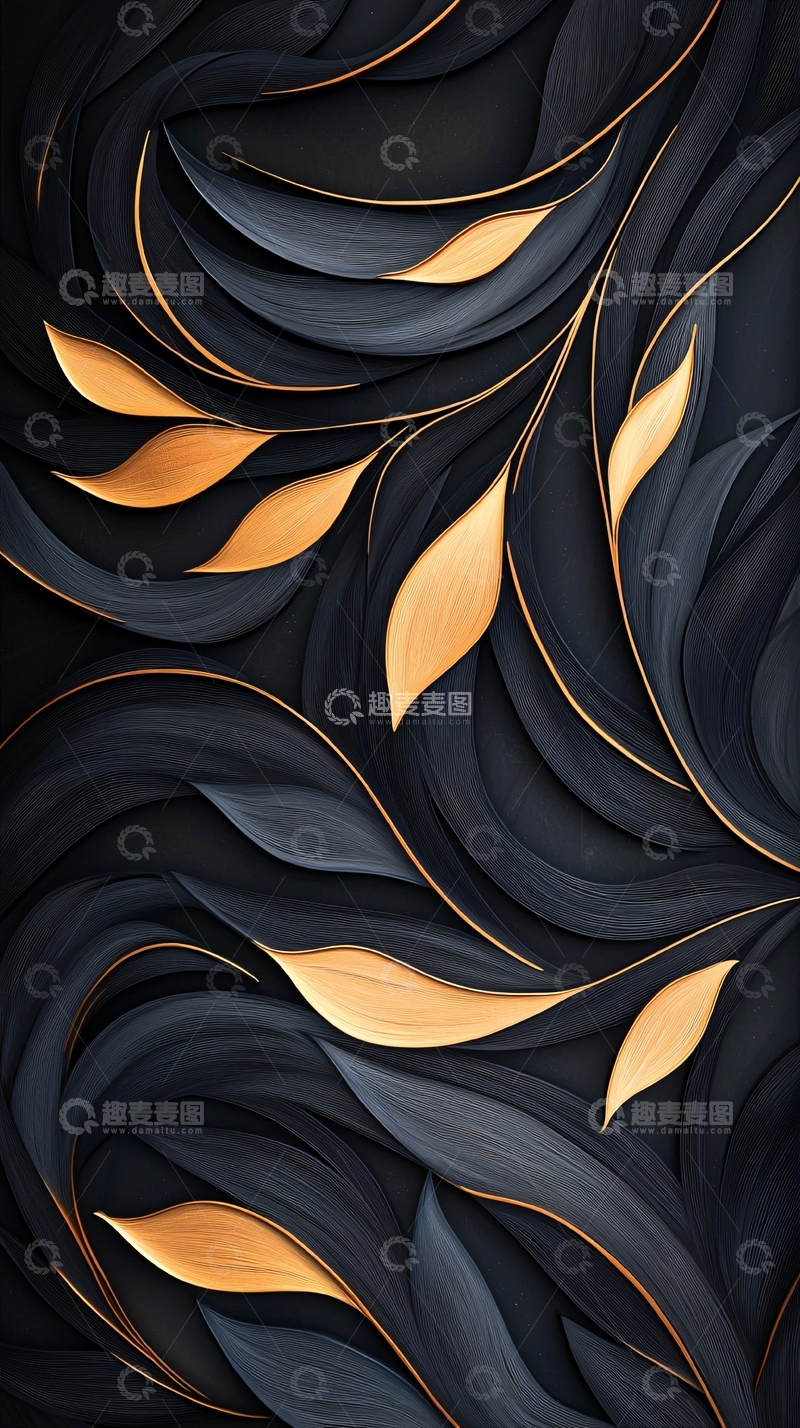 高清大图下载【趣麦麦图】黑色背景金色叶子抽象艺术图案
