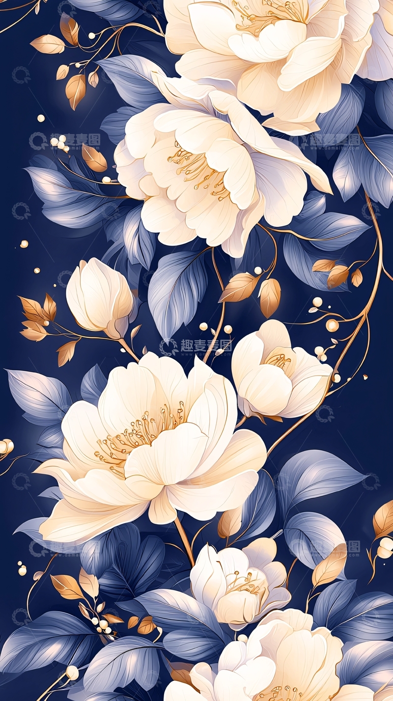 高清大图下载【趣麦麦图】深蓝背景下的优雅花卉图案