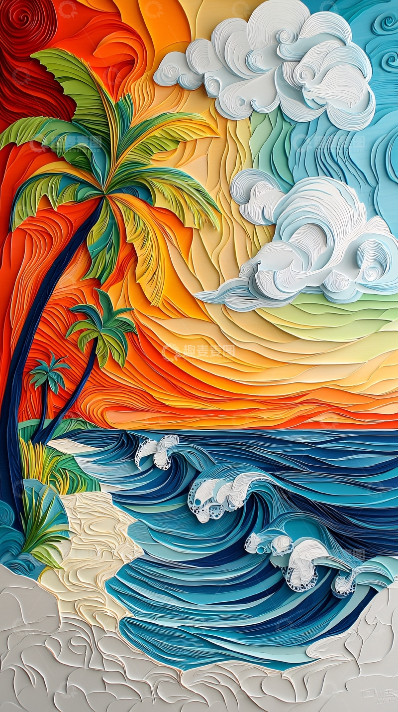 高清大图下载【趣麦麦图】剪纸艺术的热带海岸与波纹层次