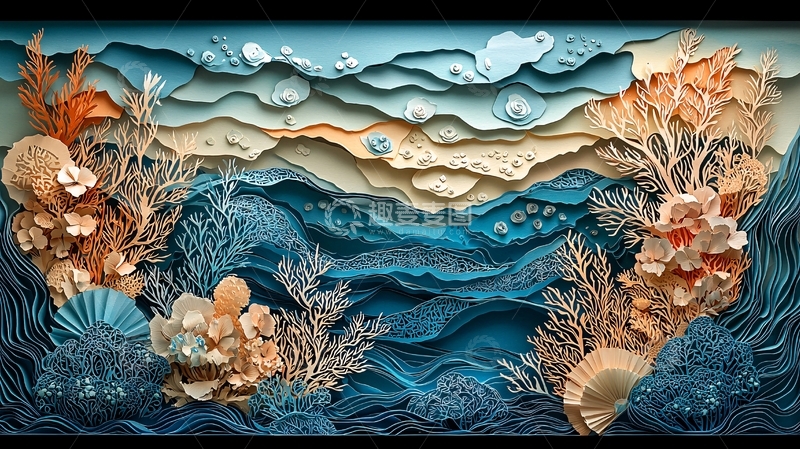 高清大图下载【趣麦麦图】剪纸艺术的波纹与海草交织