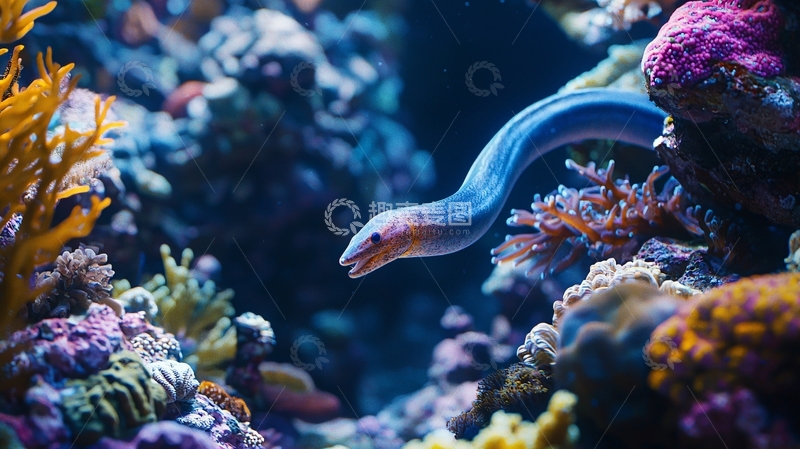 高清大图下载【趣麦麦图】海底鳗鱼与珊瑚礁