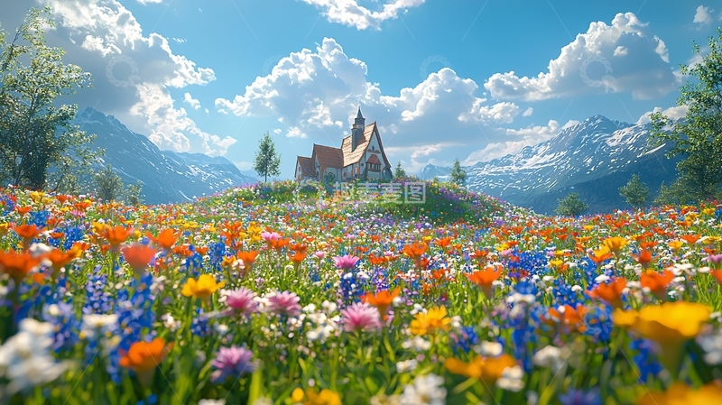 蓝天白云下的童话城堡与花海