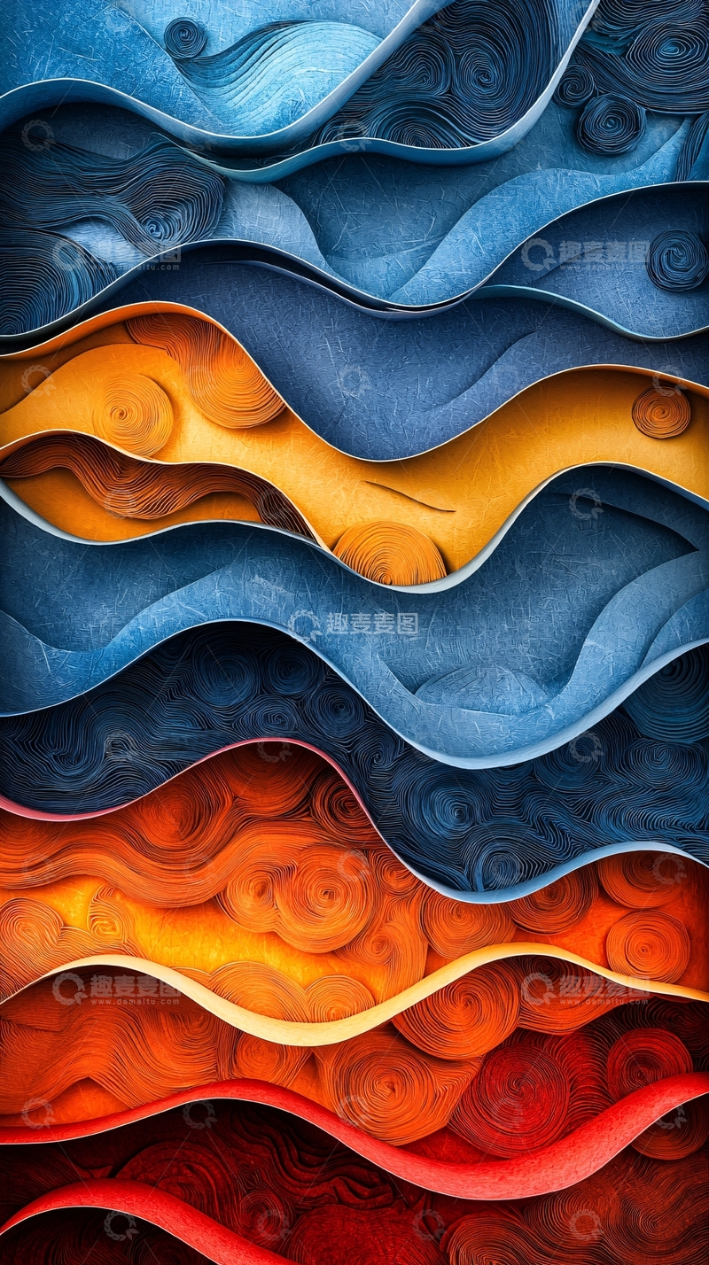 高清大图下载【趣麦麦图】剪纸艺术的海浪与涟漪曲线