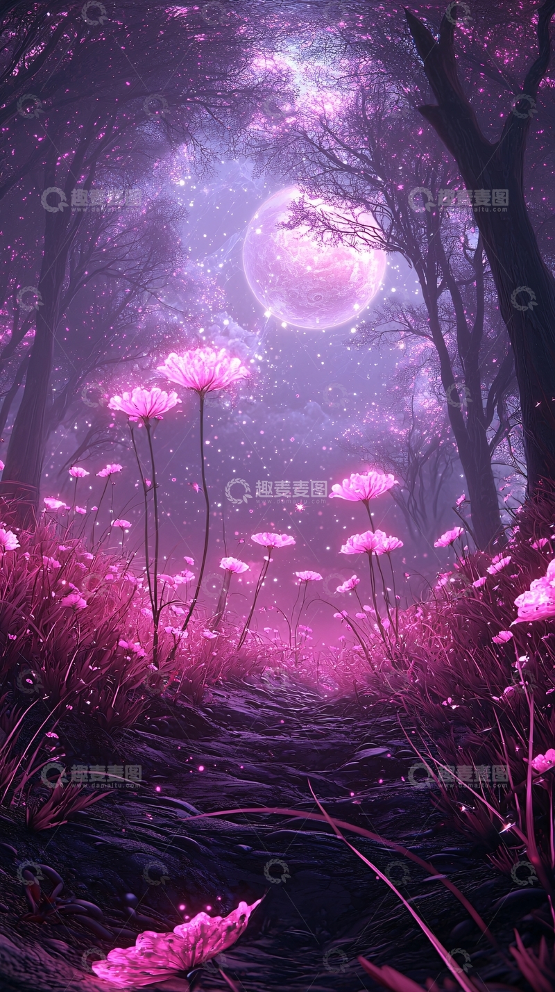 高清大图下载【趣麦麦图】梦幻森林中的月光与花朵