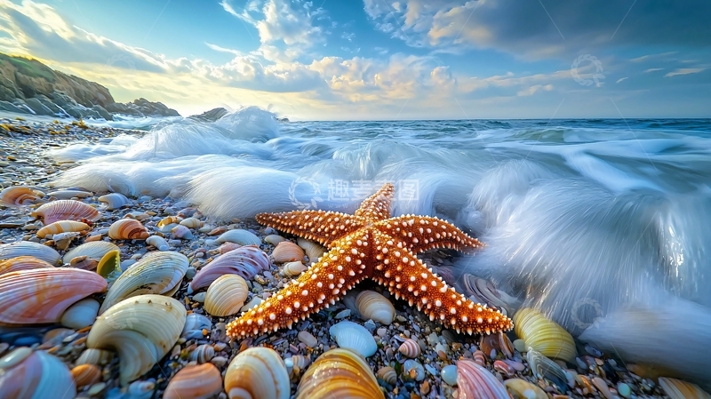 高清大图下载【趣麦麦图】海滩上的海星和贝壳