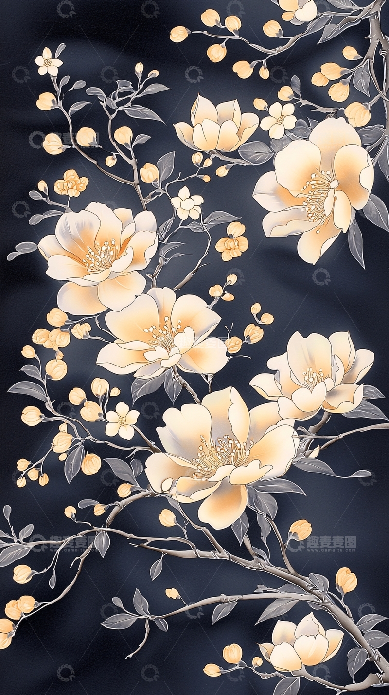 高清大图下载【趣麦麦图】金色花卉树枝图案背景