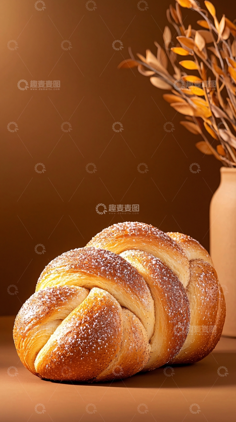 高清大图下载【趣麦麦图】金黄色面包与干花瓶