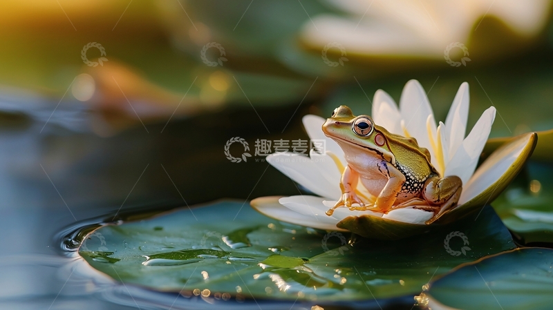 高清大图下载【趣麦麦图】荷叶上的青蛙与睡莲