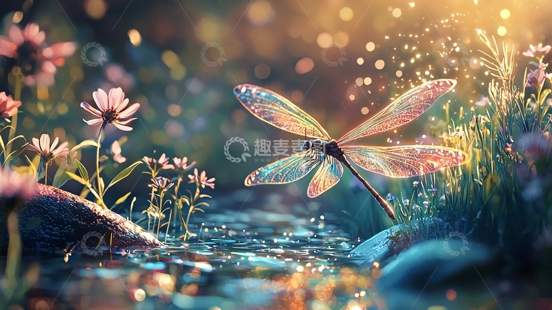 高清大图下载【趣麦麦图】梦幻光影下的蜻蜓与花朵
