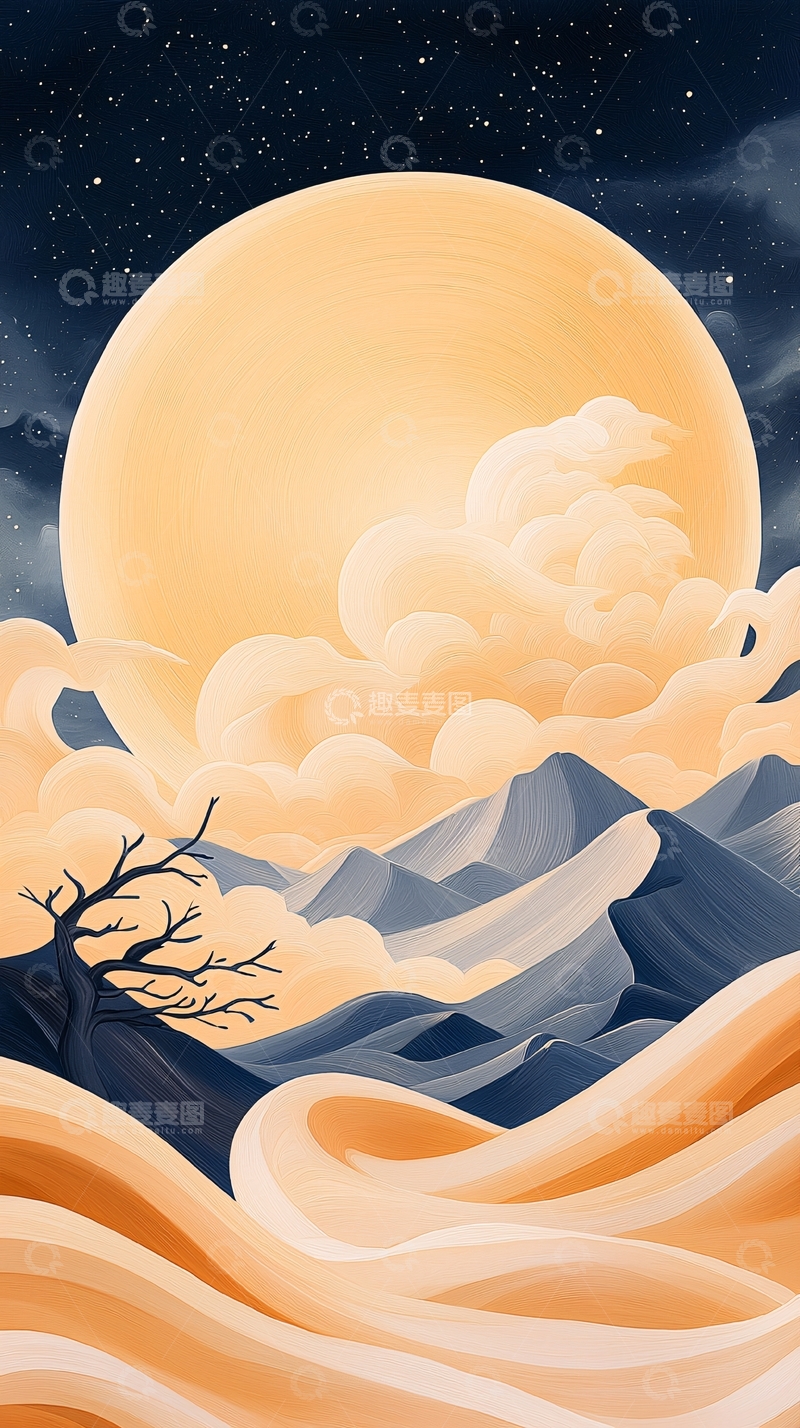 高清大图下载【趣麦麦图】月光下的沙漠与山脉