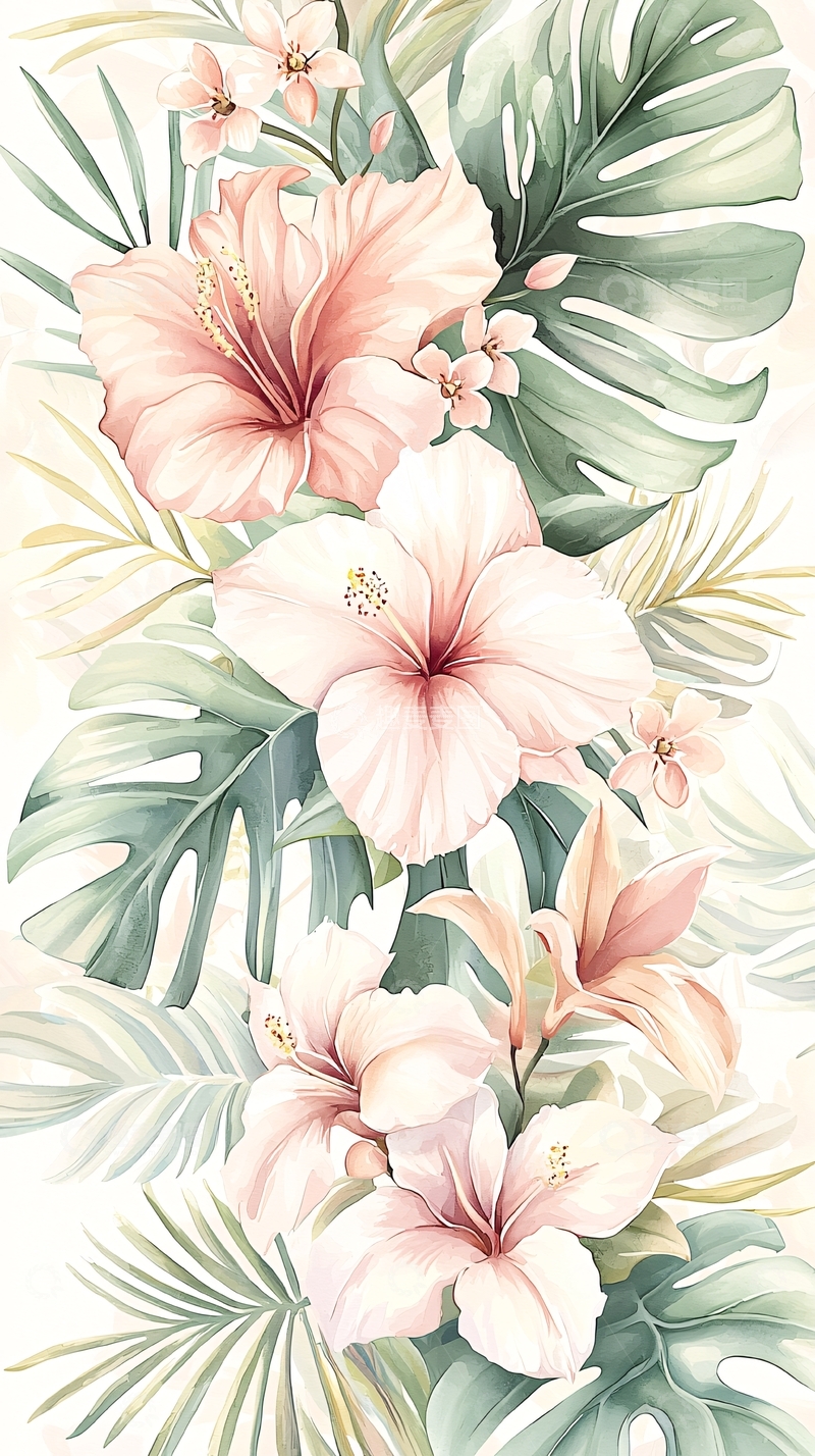 高清大图下载【趣麦麦图】热带花卉手绘插画背景图