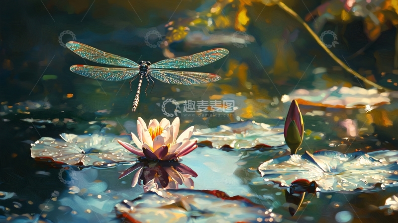 高清大图下载【趣麦麦图】蜻蜓与睡莲的梦幻池塘