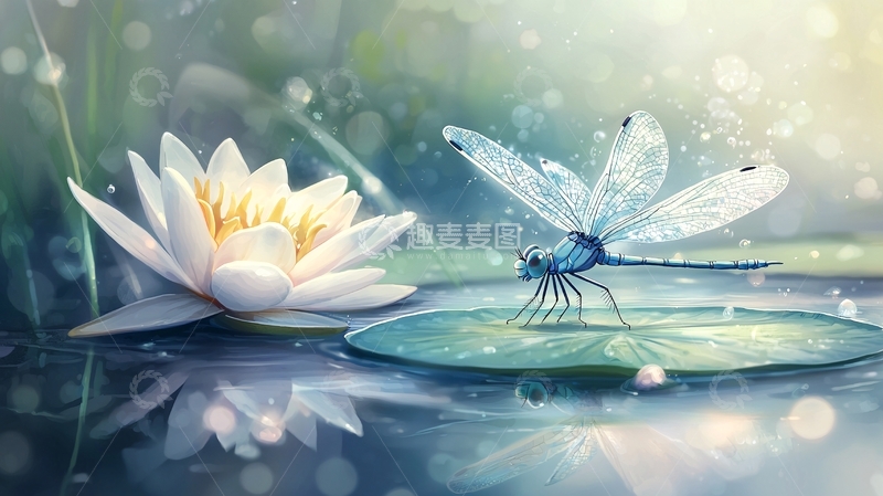 高清大图下载【趣麦麦图】蜻蜓与睡莲的梦幻之境