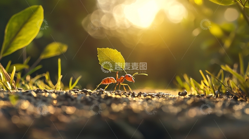 高清大图下载【趣麦麦图】阳光下的蚂蚁搬运绿叶