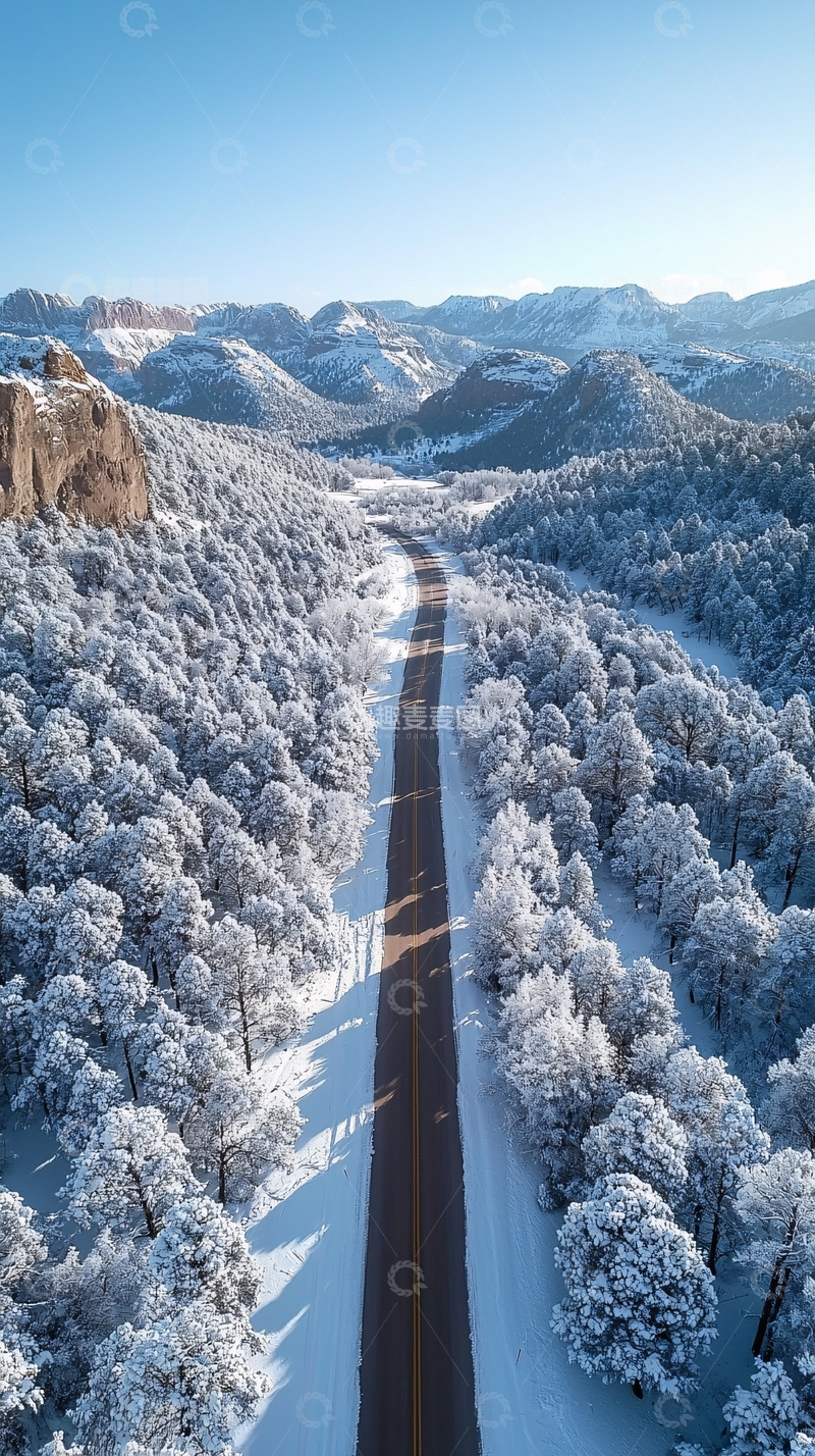 高清大图下载【趣麦麦图】初雪覆盖的冬季沿海公路航拍