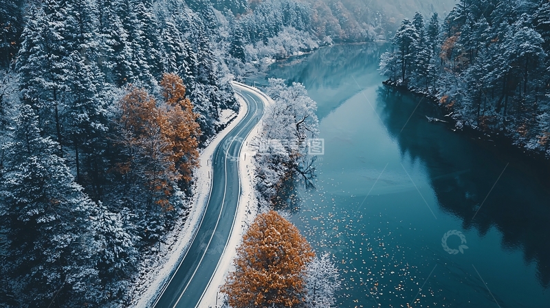 高清大图下载【趣麦麦图】落叶环绕的湖泊雪山森林公路航拍