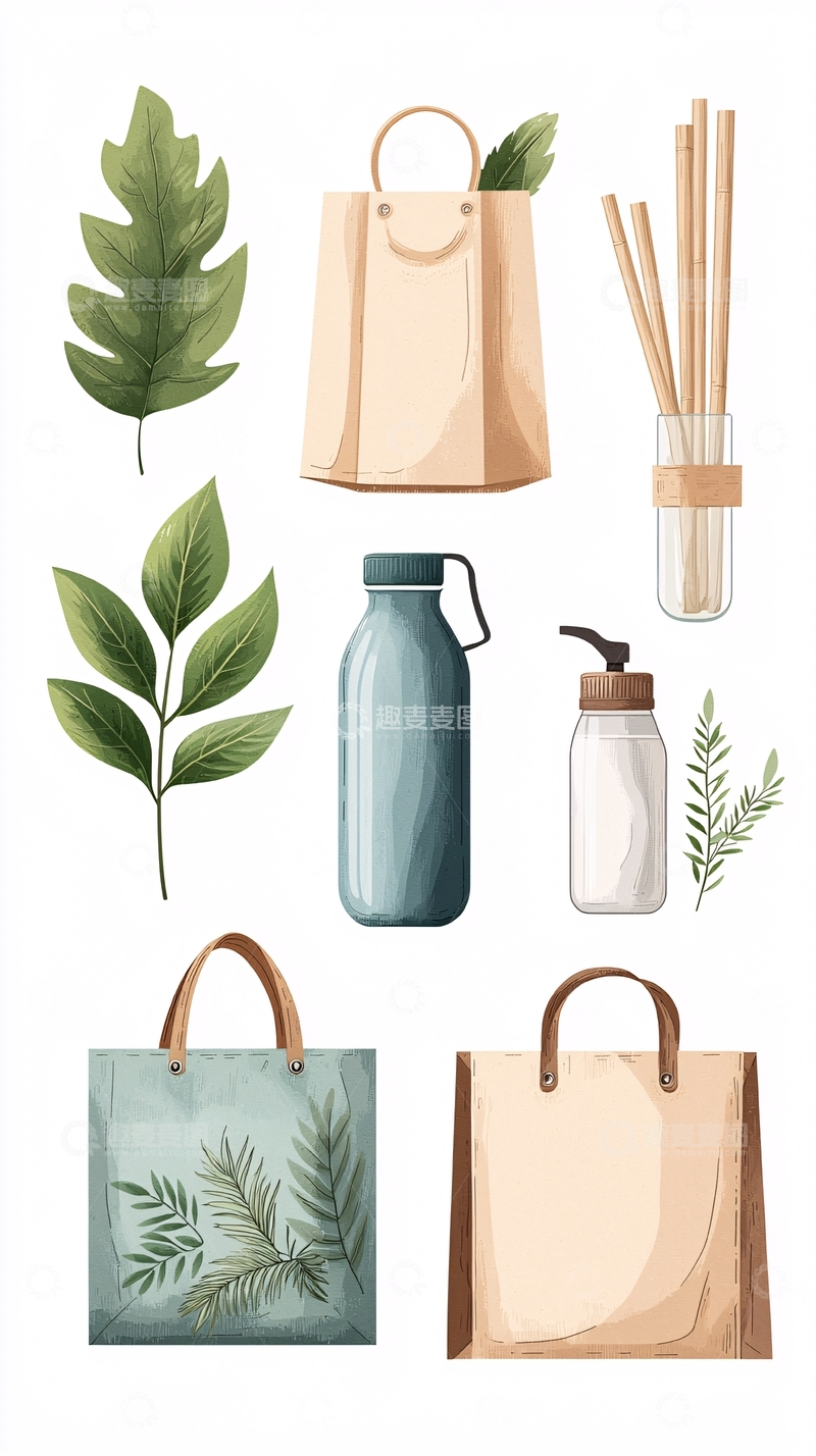 高清大图下载【趣麦麦图】环保购物袋与绿色植物插画