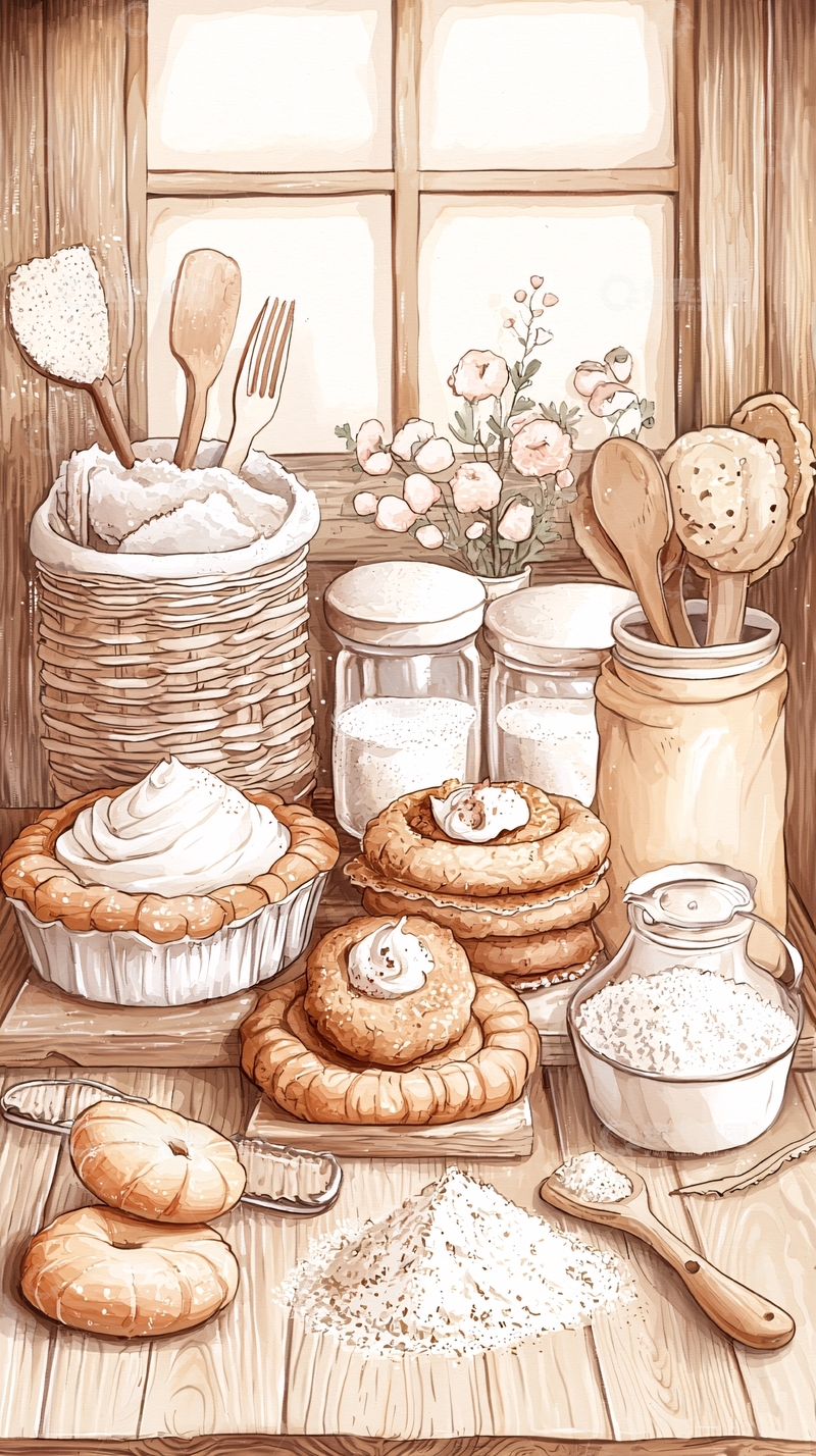 高清大图下载【趣麦麦图】烘焙甜点与厨房用品插画