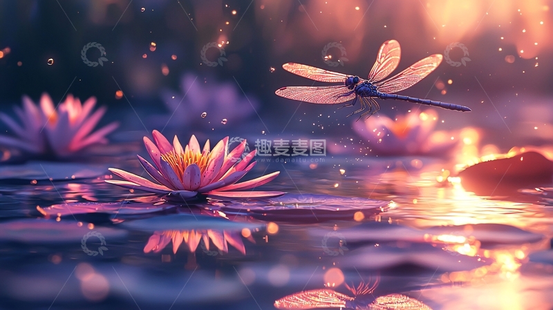 高清大图下载【趣麦麦图】蜻蜓与睡莲的梦幻之境