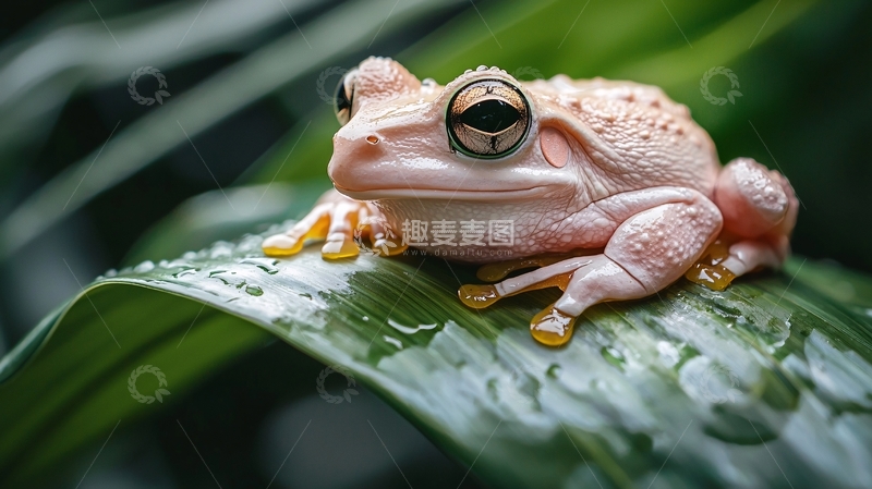 高清大图下载【趣麦麦图】粉色树蛙栖息在绿色叶子上