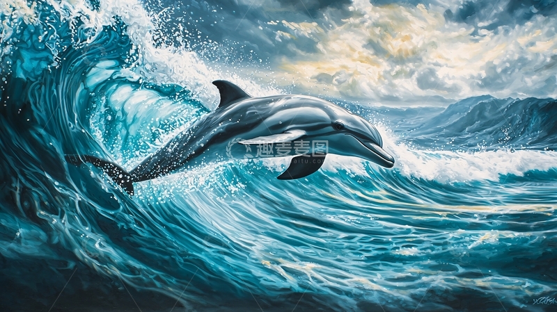 高清大图下载【趣麦麦图】海豚跃出海浪的艺术画