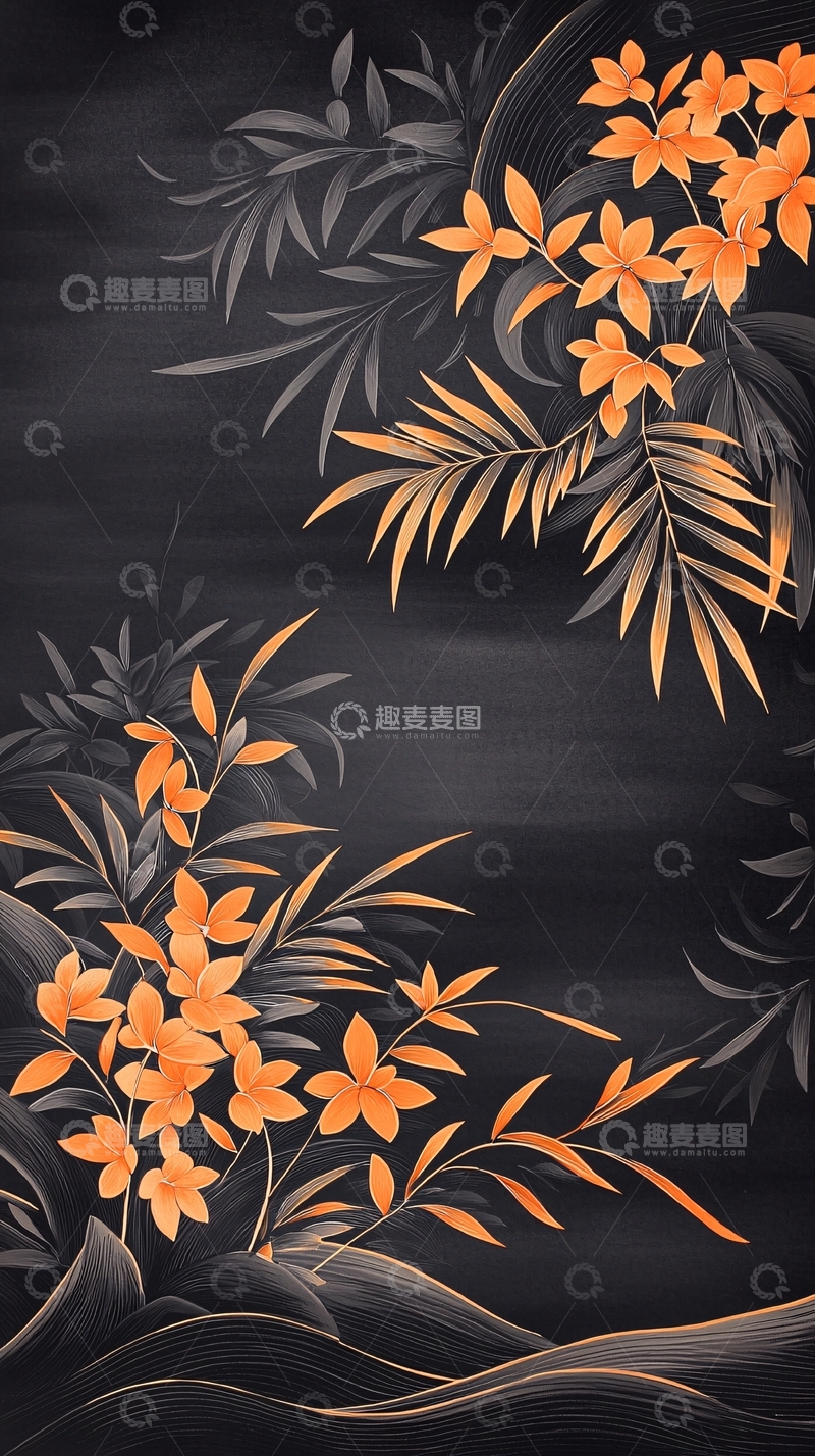 高清大图下载【趣麦麦图】秋日橙花水墨画背景