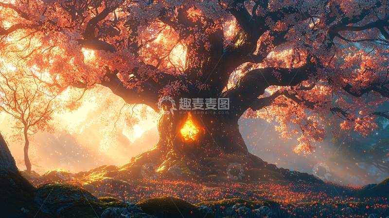 高清大图下载【趣麦麦图】春天林中的繁花树洞