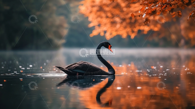 高清大图下载【趣麦麦图】秋日湖畔黑天鹅