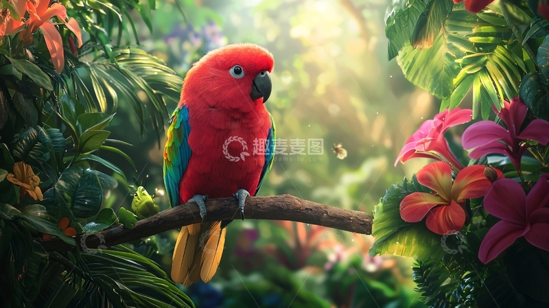 高清大图下载【趣麦麦图】热带雨林中的红鹦鹉