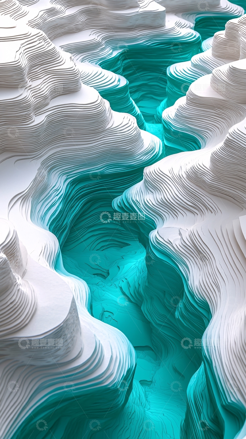 高清大图下载【趣麦麦图】剪纸艺术的蜿蜒沙滩与蓝色浅海