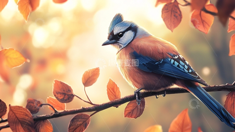 高清大图下载【趣麦麦图】秋日树枝上的蓝头鸟