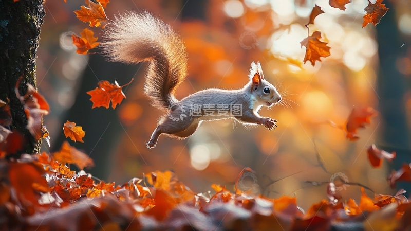 高清大图下载【趣麦麦图】秋日森林中的松鼠跳跃