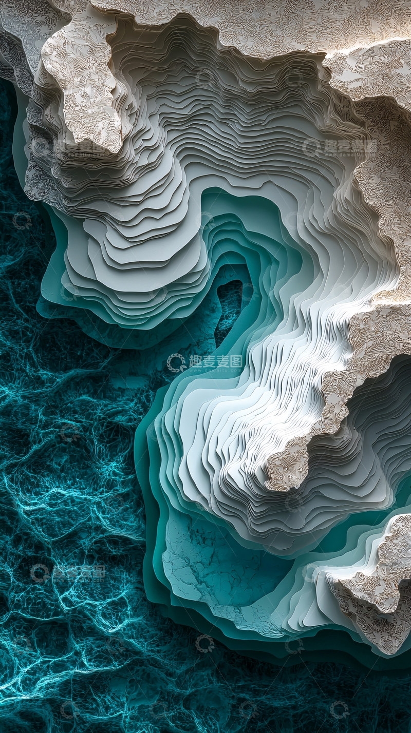 高清大图下载【趣麦麦图】剪纸艺术的蜿蜒沙滩与蓝色浅海