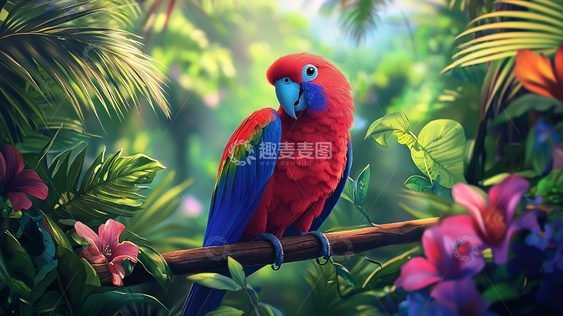 高清大图下载【趣麦麦图】热带雨林中的红鹦鹉