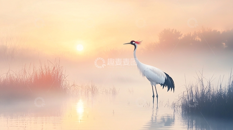 高清大图下载【趣麦麦图】晨雾中的丹顶鹤